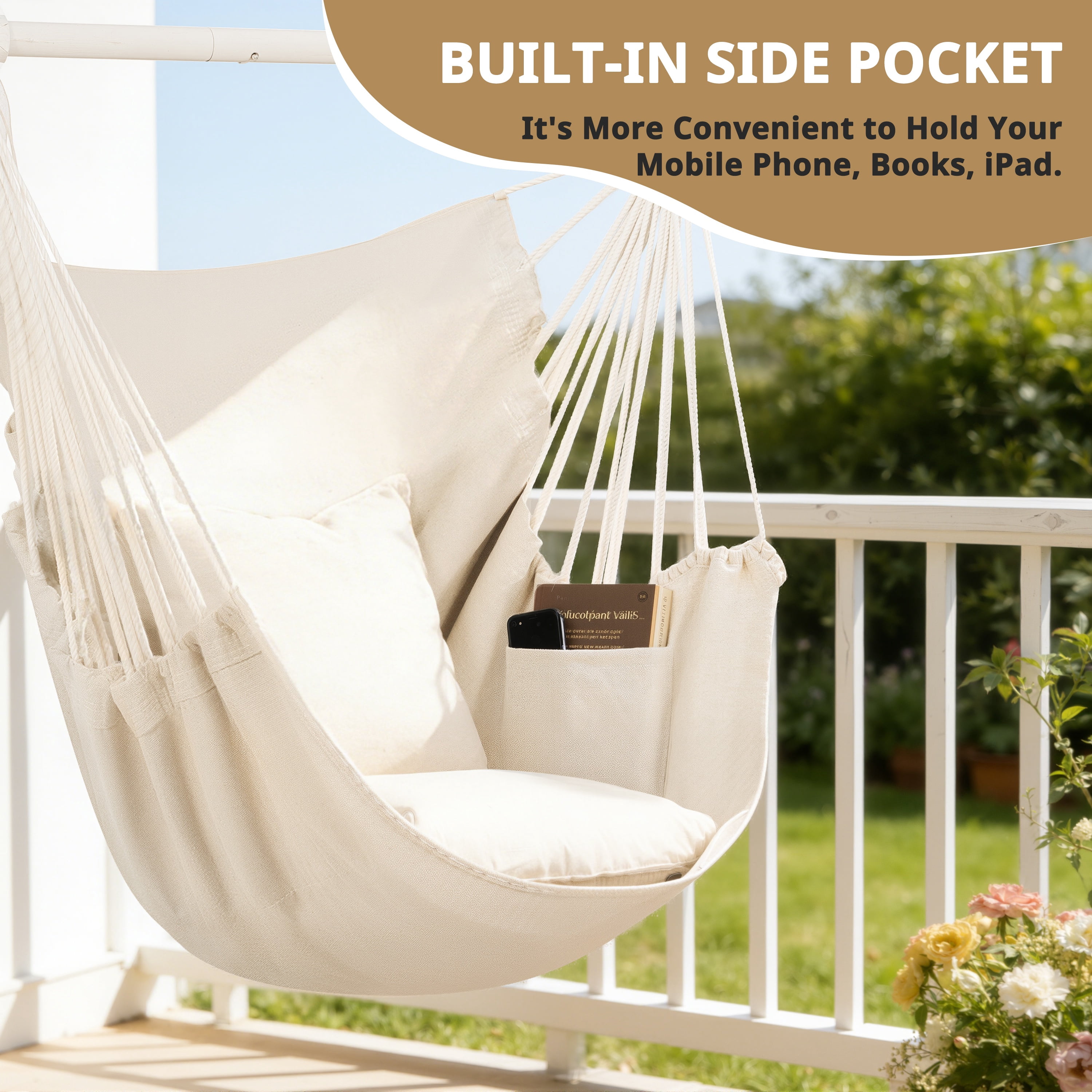 Large Hammock Chair Swing, Relax Hanging Rope Swing Chair with Detachable Metal Support Bar & Two Seat Cushions, Cotton Hammock Chair Swing Seat for Yard Bedroom Patio Porch Indoor Outdoor