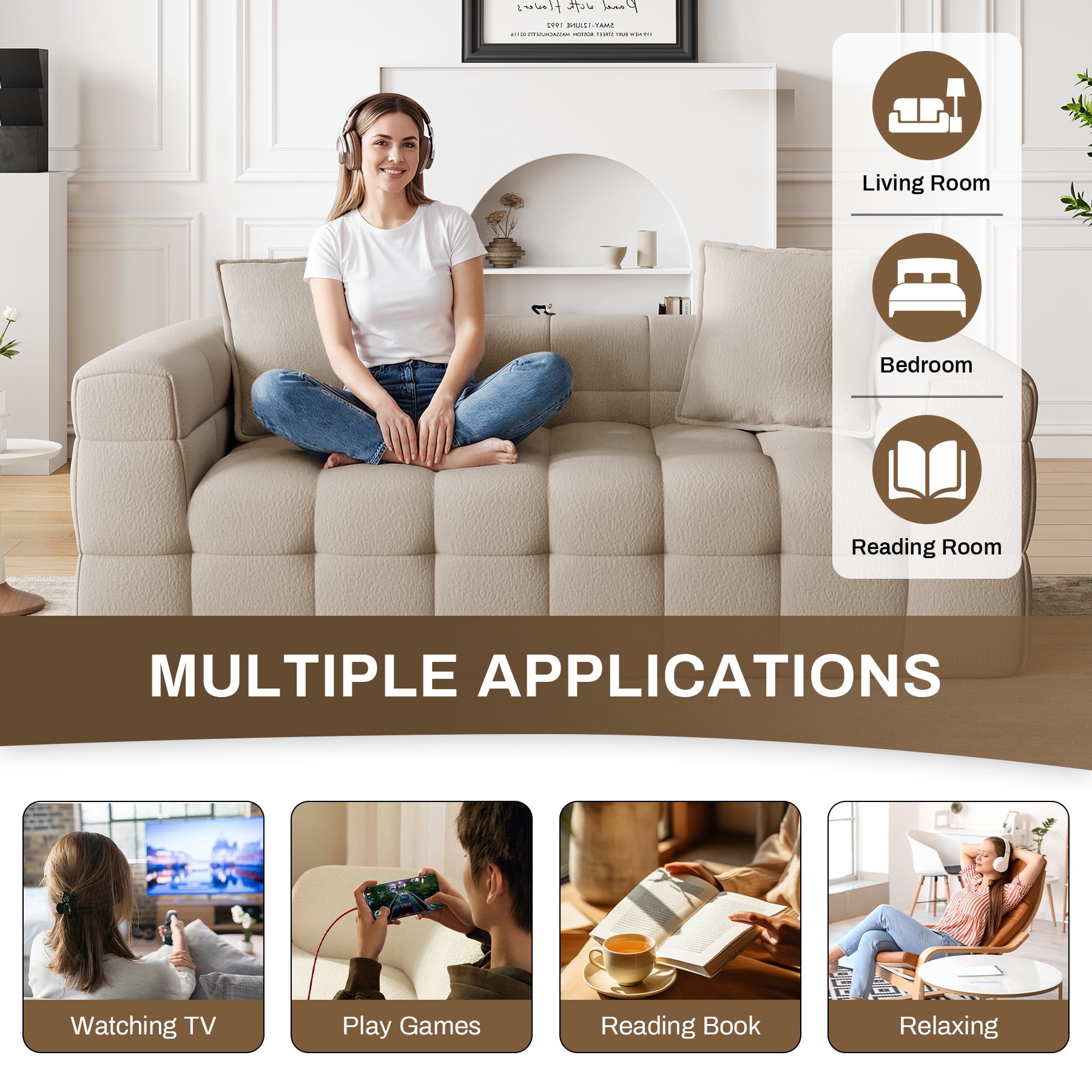 Wiilayok 66.5" Loveseat Sofa,Chenille 2 Seater Deep Seat Sofa Couch, No Assembly Required,Light Camel