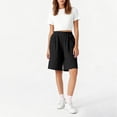 thumbnail image 4 of Bermuda Shorts for Women Knee Length Dressy Casual Summer Elastic Waist Straight Wide Leg Long Shorts with Pockets Black S, 4 of 7