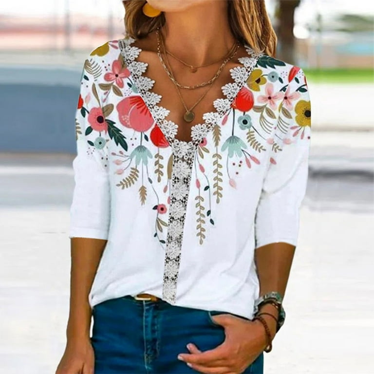 RQYYD Summer Fall Floral Printed Tops for Women Crochet Lace Trim V Neck  3/4 Sleeve T Shirts Casual Loose Pullover Tee Shirts 