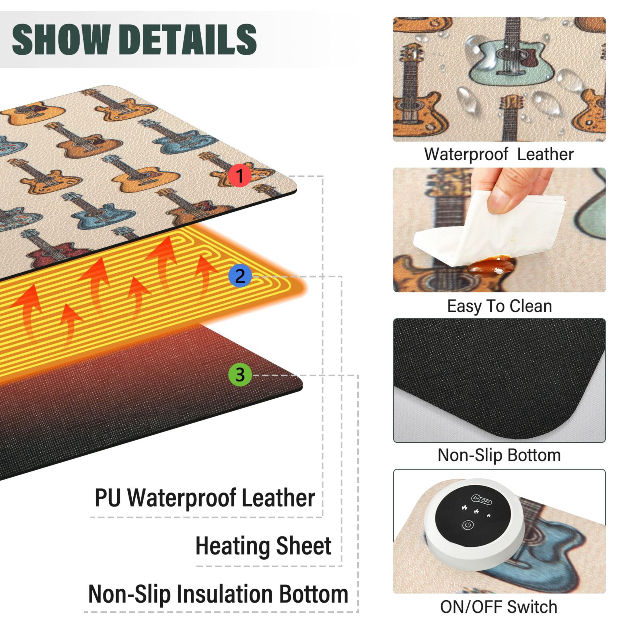Large Heated Desk Mat Mouse Pad 31.5"x13"PU Leather Graphene Heating Desk Warmer with 3 Temperature Settings 110V US Plug Non-Slip Warm Pad for Home, Office, and Gaming Classic Guitar Music Art