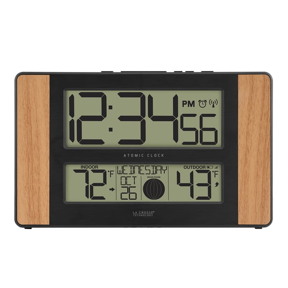 Reloj digital atómico La Crosse Technology, madera de roble