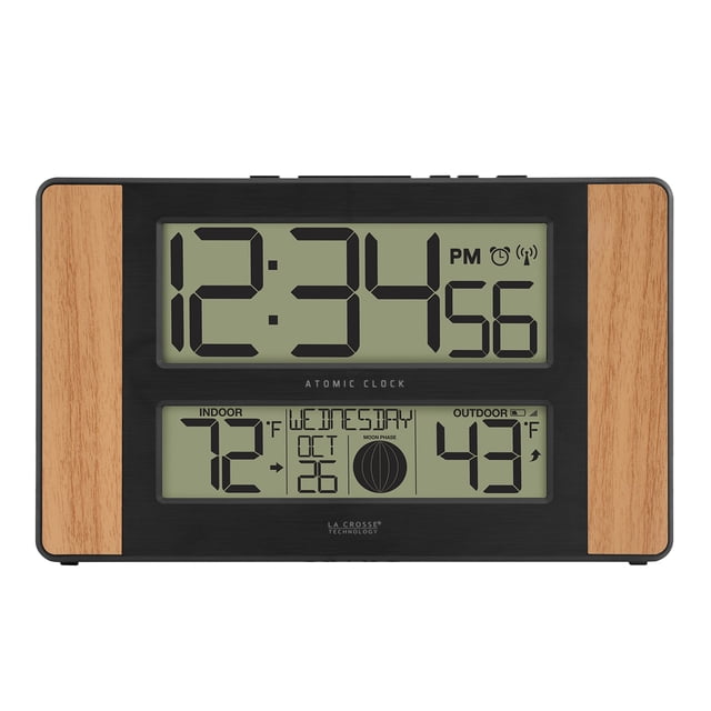 Reloj digital atómico La Crosse Technology, madera de roble