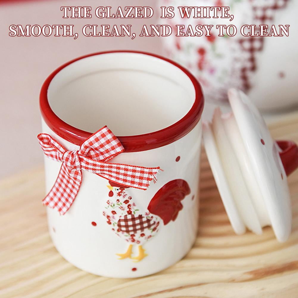 Ceramic Easter Sugar Canister with Rural Chicken & Floral Pattern, Rooster Hen Cookie Jar, Airtight Food Storage Container, Red