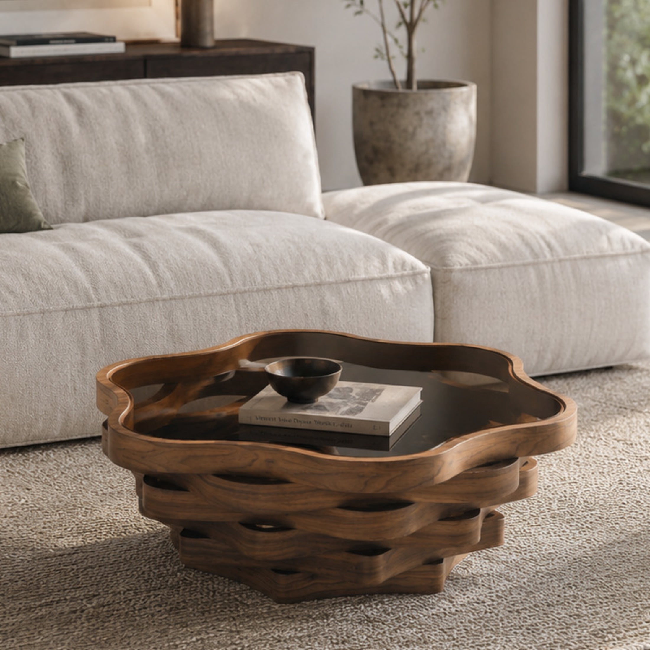 Noble House Derwin 35.83" Irregular Cloud-Shaped Coffee Table with Tempered Glass Top & Artistic Wave MDF Base, Walnut