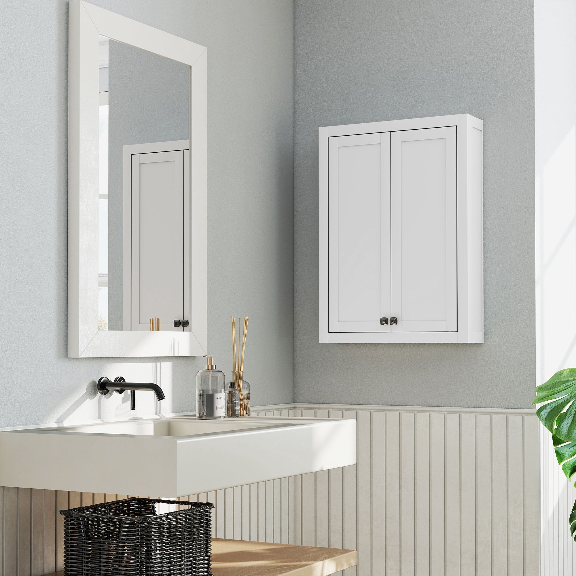 Bathroom Cabinet, Wall-Mounted, White MDF, 24 in W x 7.9 in D x 33.1 in H