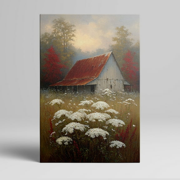 1pc Rustic Old Barn with Red Roof Surrounded by Wildflowers and Autumn - Hued Trees Framed Decor room hanging Wall Picture Decor for Home Gifts, living room, bathroom, bedroom, kitchen wall art