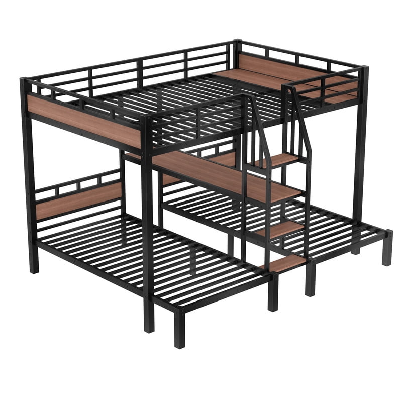 Queen/Twin/Twin Triple Bunk Bed, Kids/Teens Metal Bed Frame with Multi-functional Storage Stairs, Accent Two-Tone Platform Bed