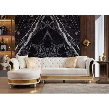 Pemberly Row Gold Detailed Tufted Upholstery Sectional made w/ Wood - Off White