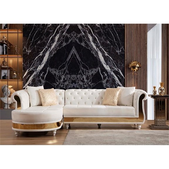 Pemberly Row Gold Detailed Tufted Upholstery Sectional made w/ Wood - Off White