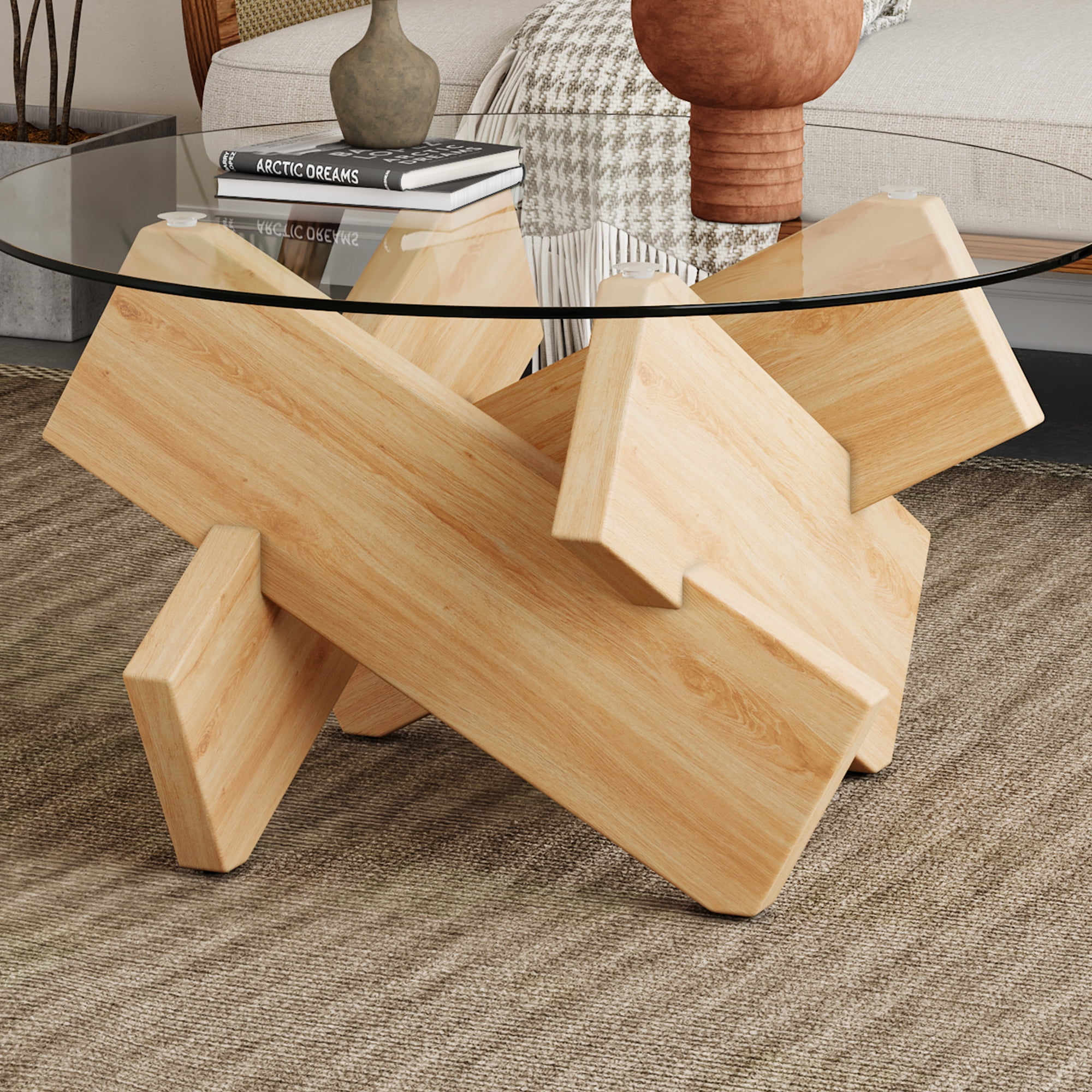 NYEESS 33.4" Inch Oak Round Tempered Glass Coffee Table with MDF Legs, Farmhouse Style Living Room Table