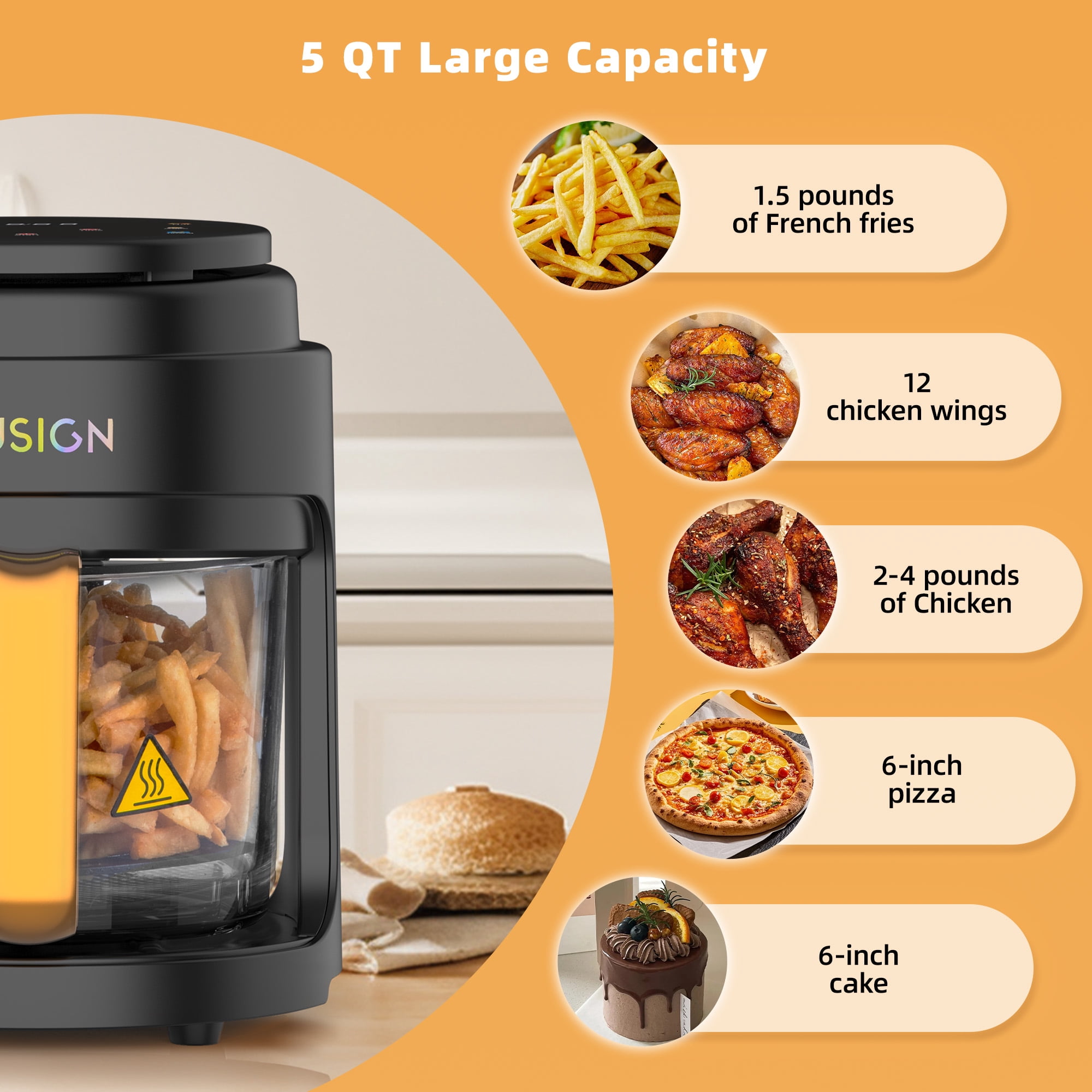 VUSIGN Air Fryer,5 Qt Glass Air Fryer with Max 410°F, LED Digital Touchscreen,Nonstick & Dishwasher Safe Basket,Black