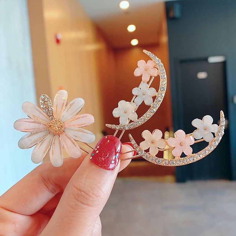 4Pcs Mori Super Fairy Rhinestone Flower Hairpin Net Red Four-Piece Set Simple Hair Clips Bangs Sea Side Clip Top Clip Headdress