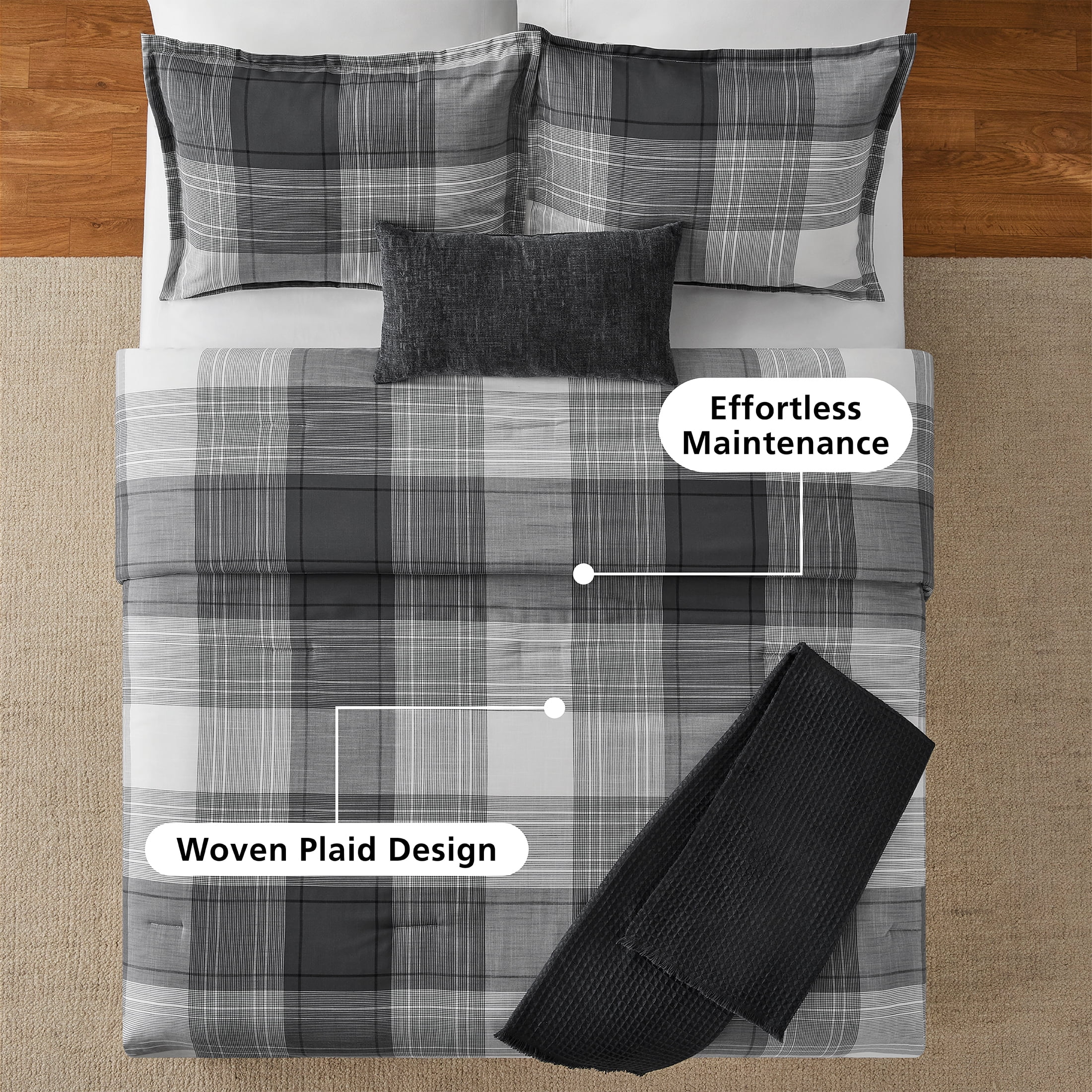 Mainstays King Comforter Set, All-Season, 5-Piece, Grey Plaid