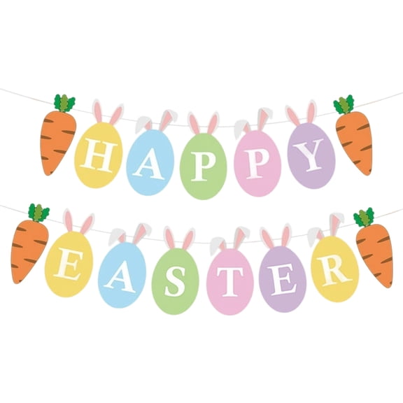 Happy Easter Decorative Hanging Flag Bunting, Macaron Color Bunny Egg Carrot Banner Garland for Spring Home Party Wall Door Festival Decoration