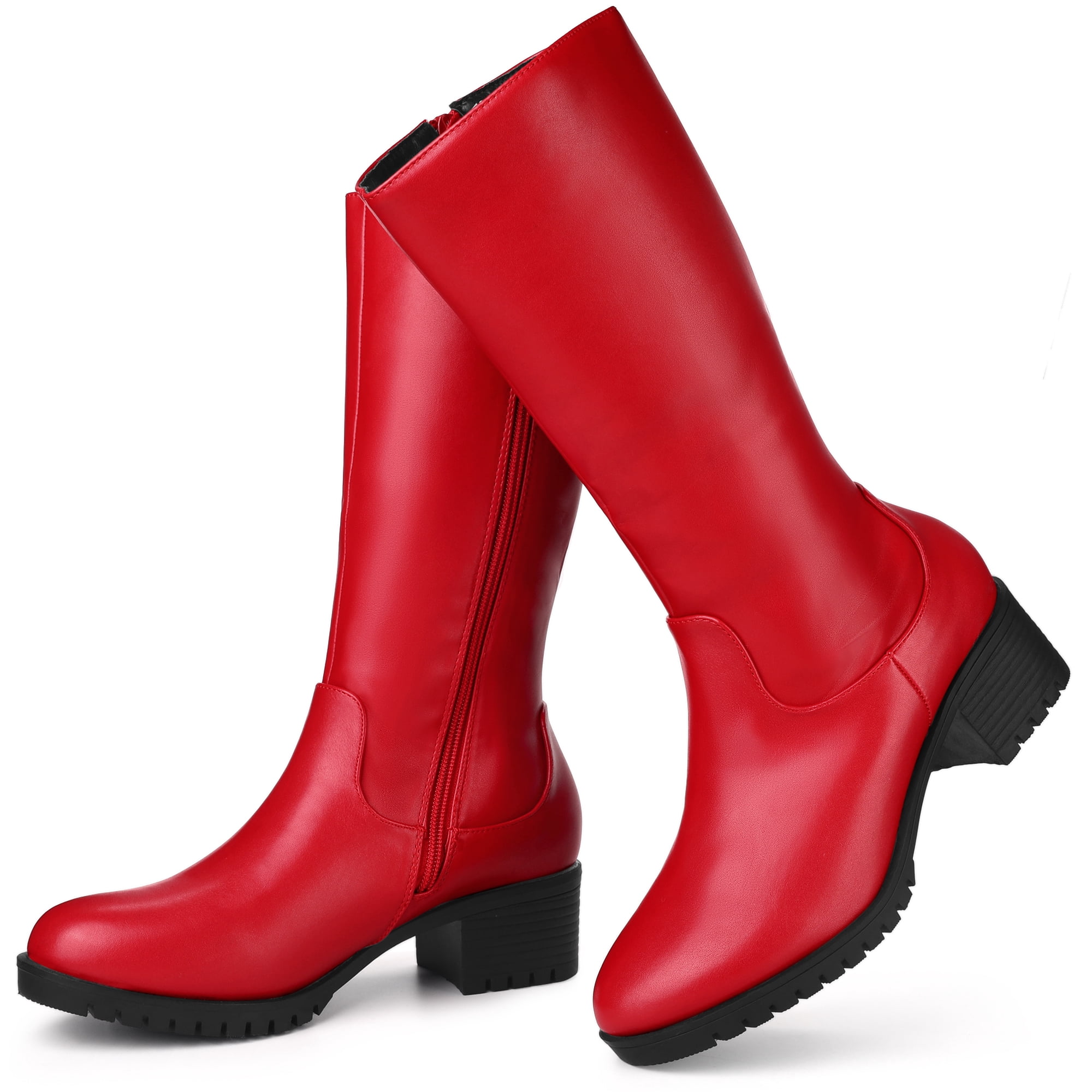 Unique Bargains Round Toe Side Zip Low Chunky Heels Mid Calf Boots for Women Red 6