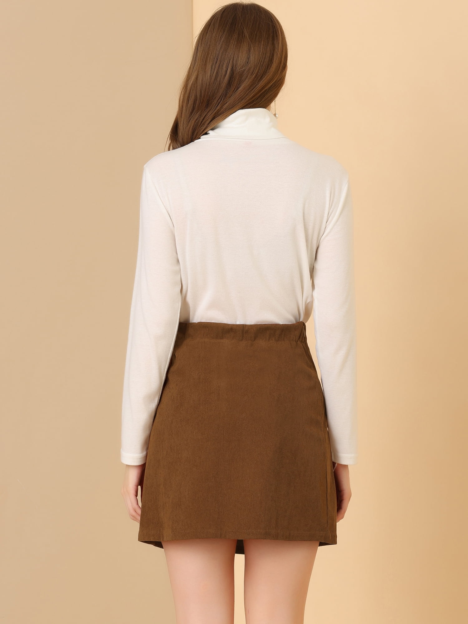 DARING DIVA Women's Button Decor Ruffled Trim Mini Skirt L Brown