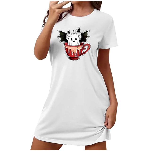 Tnhcen Robe de Nuit pour Femmes Saison Effrayante Grande Taille Imprimé Dessin Animé Manches Courtes Col Rond Polyester Spandex Doux P-2TG pour des Nuits d'Halloween Douillettes