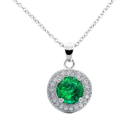 Mariah 18k White Gold Round Cut CZ Halo Gemstone Pendant Necklace - Cubic Zirconia Halo Cluster Necklace w/Green Emerald Solitaire Crystal - Wedding Anniversary Jewelry, MSRP - $150