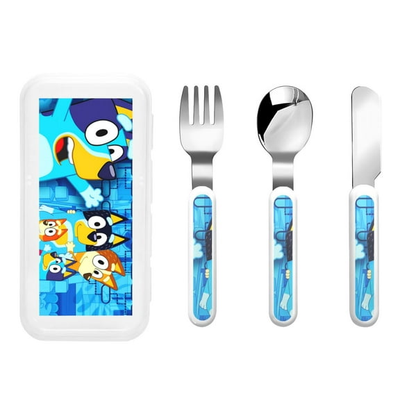 Zofaai Bluey Pattern Children's Knife, Fork and Spoon Three-piece Set, Stainless Steel Children's Tableware with Outer Box, Suitable for School, Home