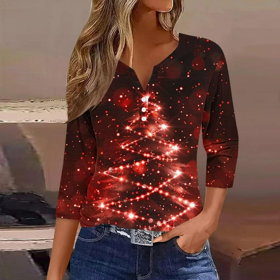 Cadancy Christmas Tee Shirts for Women Sparkly 3/4 Sleeve V Neck Button Pullover Tshirts Party Bright Xmas Tree Graphic Holiday Blouses Funny Fashion Tops