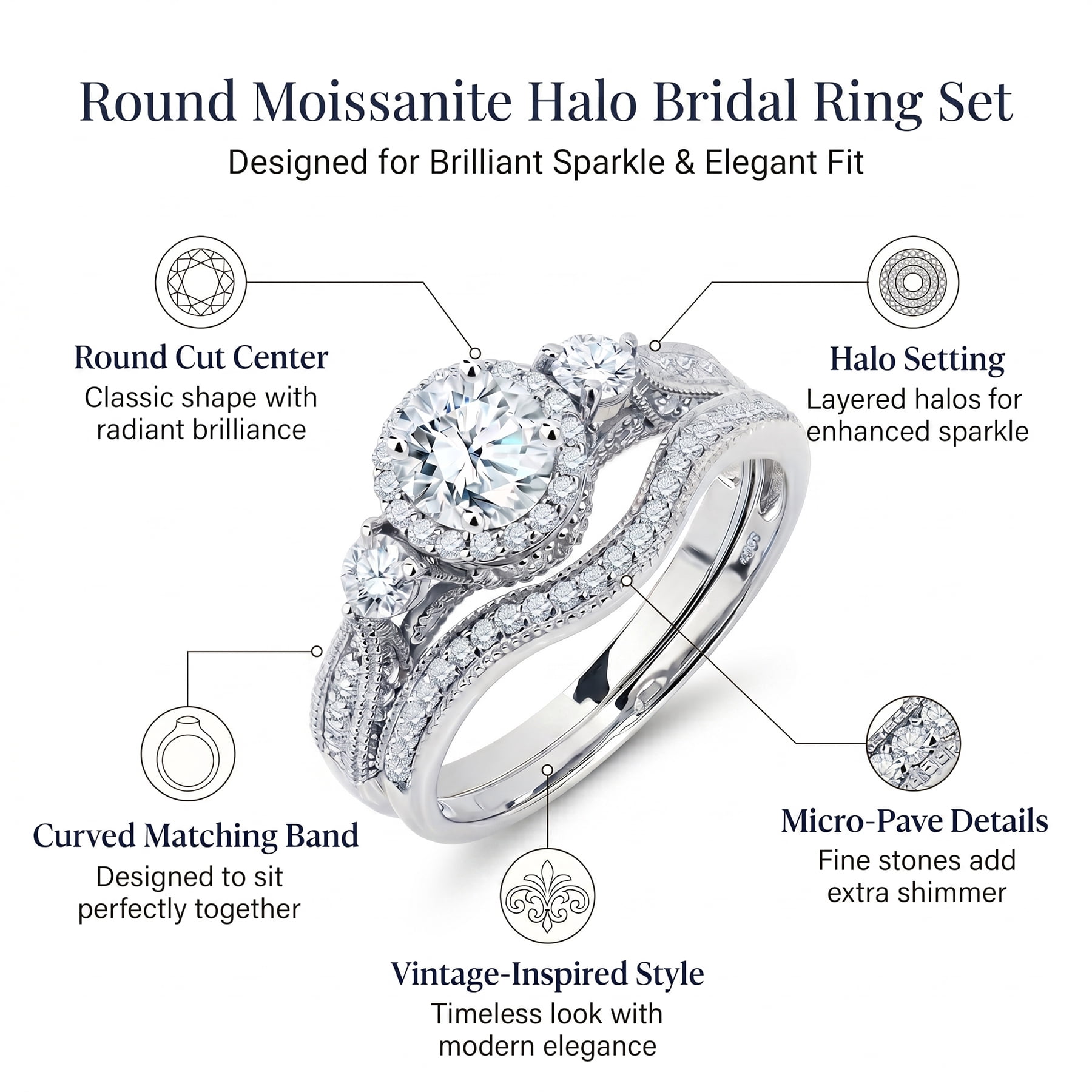 JeenMata 2 Carat Moissanite Wedding Ring Set - Round Cut Vintage Design Halo Bridal Set in 18K White Gold Plating for Women