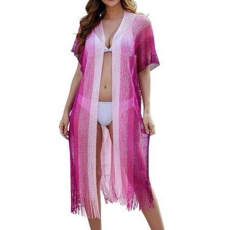 SWSMCLT Women s Cover Up Cardigan Swing Beachwear Fishnet Long Bikini Coverup Beach Fringe Color Block See Through Crochet Knit Short Sleeve Knee Length Purple One Size
