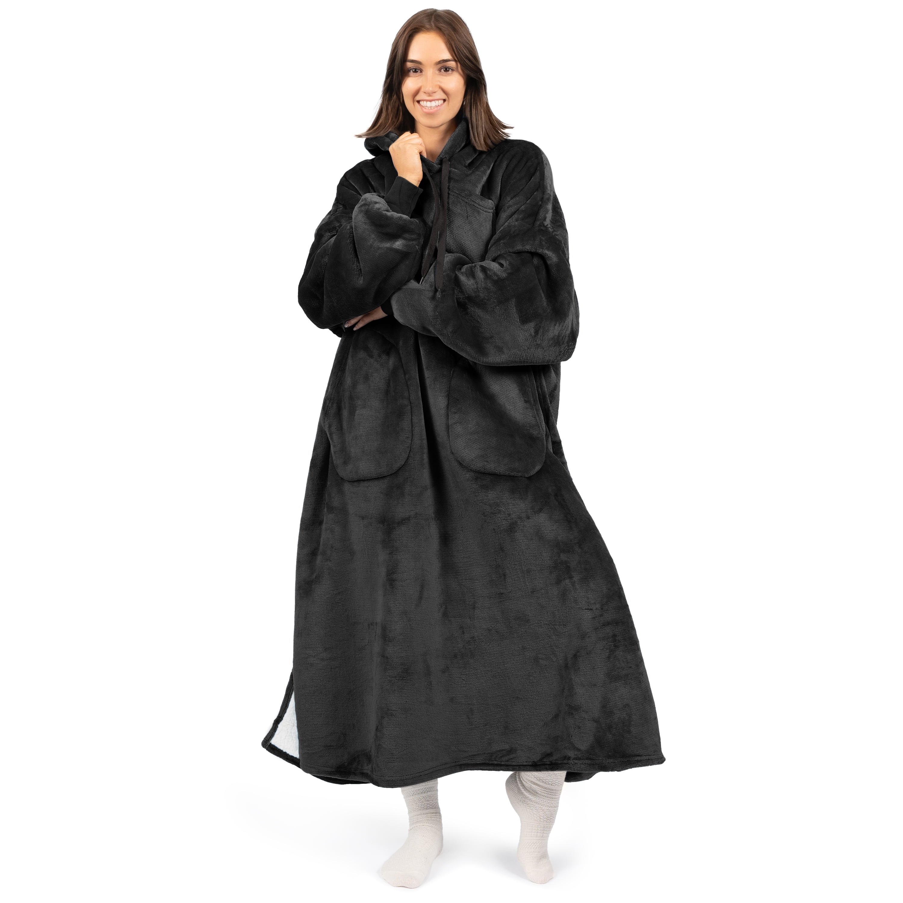 PAVILIA Blanket Hoodie for Women Black, Sherpa Wearable Blanket Men, Cozy Oversized Sweatshirt Blanket, Warm Fleece Hooded Blanket Sweater with Sleeves and Two Big Pocket, Adult Long, Black