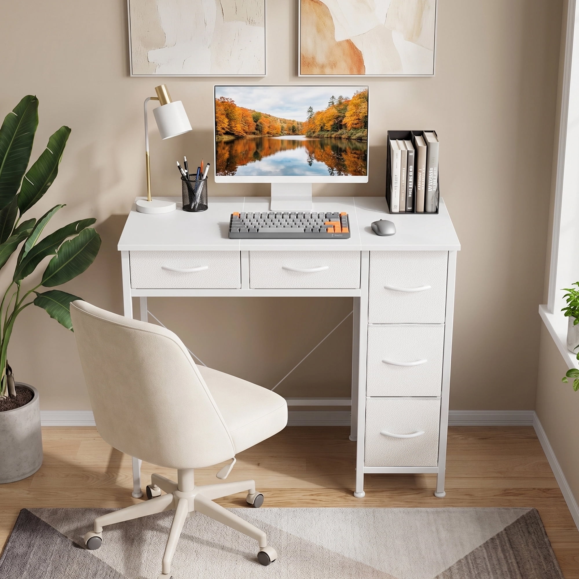HIGDBFE Small Desk with 5 Fabric Drawers, Computer Desk with Iron Hook for Bedroom Home Office, White