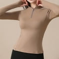 thumbnail image 4 of Women Long Sleeve Workout Tops Lightweight Half Zip Up Slim Fit Athletic Yoga Running Casual Shirts with Thumb Holes Khaki L, 4 of 7