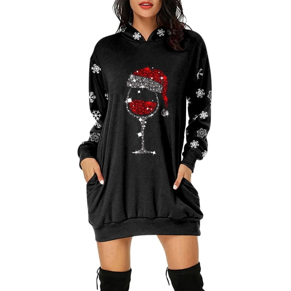 Aocisk Women's Merry Christmas Print Hoodie Dress Long Sleeve Midi Dresses with Pockets Pullover Hooded Sweatshirt Black M