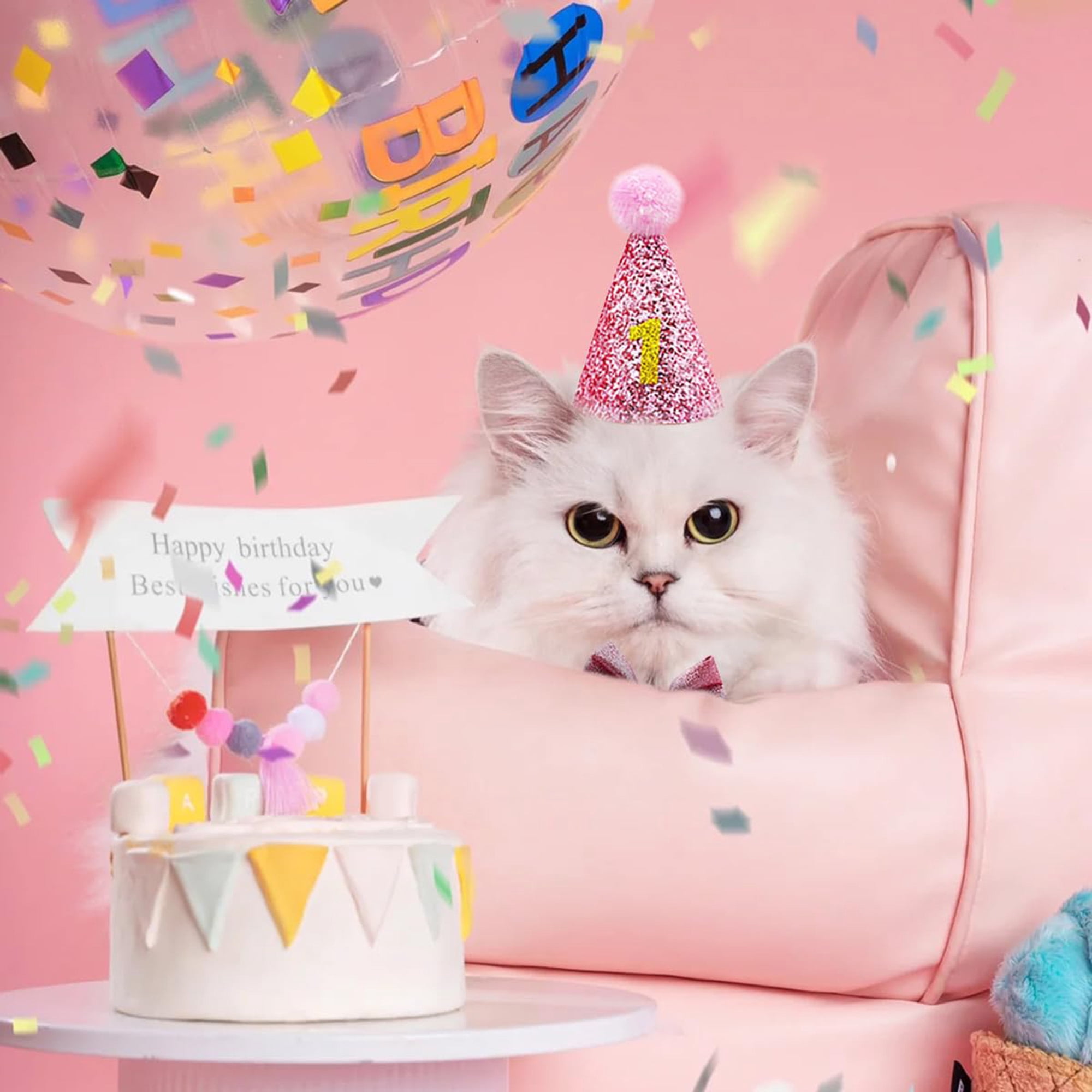 Cat birthday party supplies, cute cat birthday hat and bow tie collar, fish catnip chew toy, pink banner decorations for cat , photo props, pink