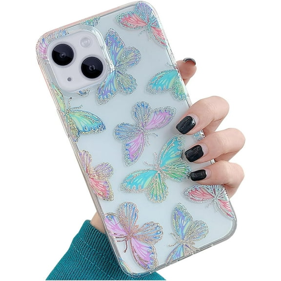 Compatible with iPhone 14 Plus Case for Women Girls, Glitter Red Purple Blue Green Colorful Wings, Slim Soft Border Hard Panel, Clear Protective Phone Case Cover for iPhone 14Plus (Butterfly)