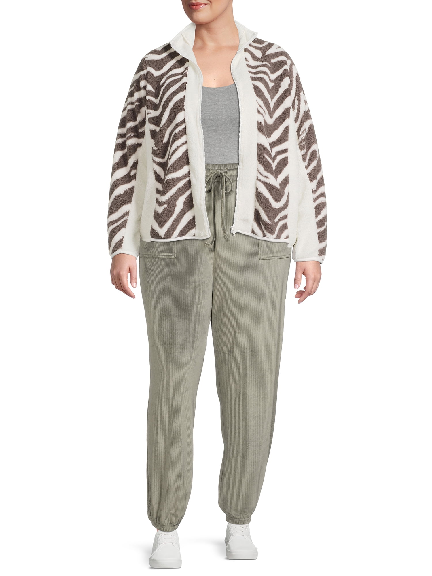 Como Blu Women's Plus Size Printed Faux Baby Sherpa Zip Jacket