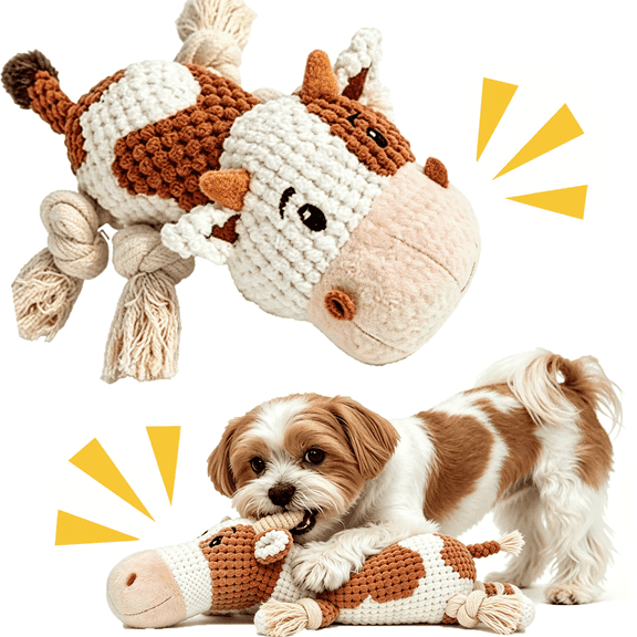 Durable Indestructible Squeaky Cow Dog Toy for Aggressive Chewers – Heavy Duty Tough Plush with Rope, Large Breed