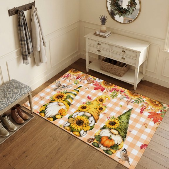 Area Rugs 3'x5', Sunflowers Gnomes Carpet Runner Indoor Outdoor Rugs Home Decor Aesthetic, Fall Thanksgiving Orange Checked Non Slip Mats Washable Accent Rug for Living Room Bedroom