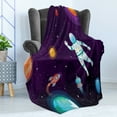 thumbnail image 4 of Universe Soft Flannel Fleece Throw Blanket, Astronaut in Space Globe Planets Solar System Rocket Exploration, Cozy Plush for Indoor and Outdoor Use, 60" x 80", Dark Purple Multicolor, by Ambesonne, 4 of 5