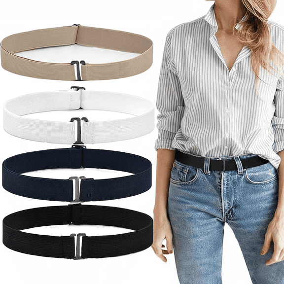 4pcs No Show Stretch Belt for Women Invisible Elastic Tuck Band, Adjustable Strap Crop Belt with Flat Buckle for Jeans Pants Dresses