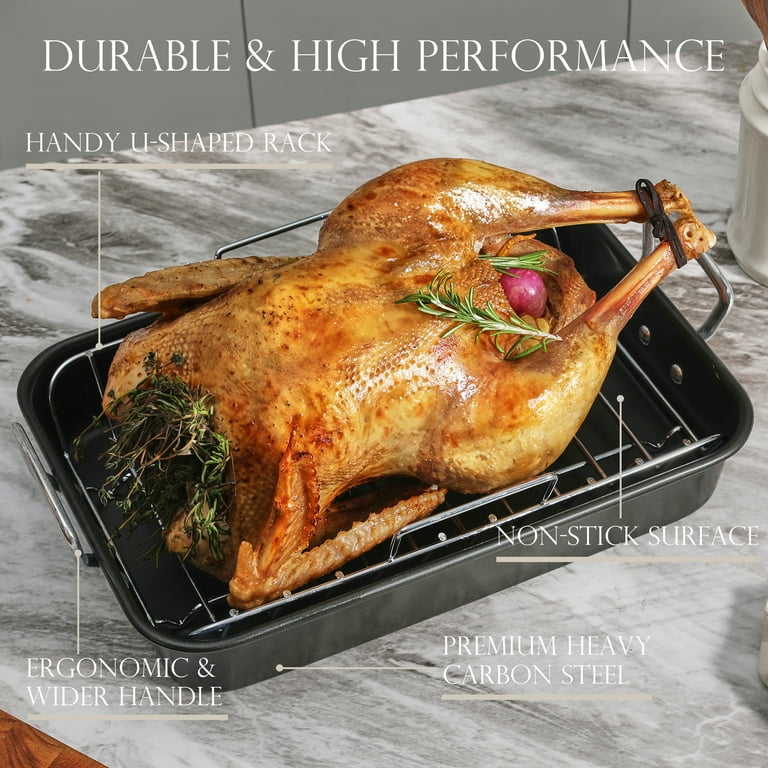 Non-Stick Carbon Steel Turkey Roasting Roaster Pan with Rack and