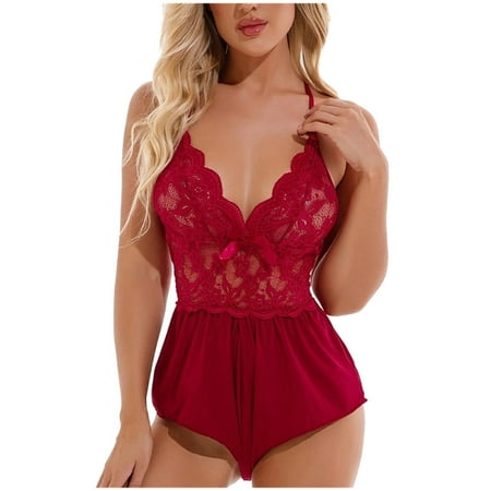 QIPOPIQ Lingerie for Women Clearance Sexy Women Lingerie Lace Bowknot Temptation Babydoll Underwear Sleepwear Jumpsuit Bodysuits Pajamas