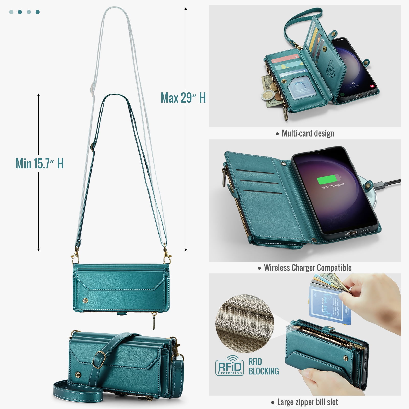 for Samsung Galaxy A54 5G Full Body Protection Wallet Folio Flip Case, Shoulder Strap & Wristlet Card Slots Zipper Pocket RFID Blocking Rugged Durable PU Leather Phone Case Cover, Green