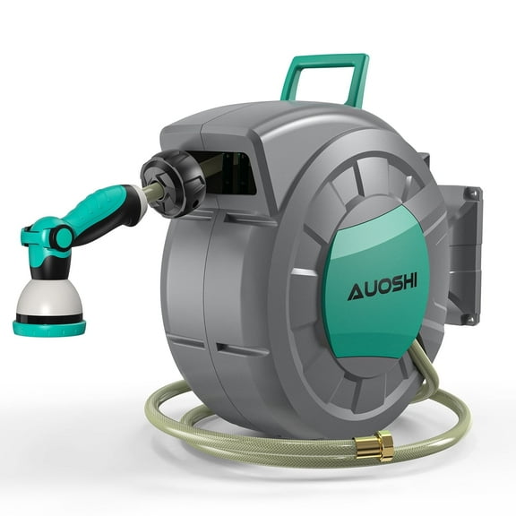 AUOSHI Retractable Garden Hose Reel 1/2" 100ft Automatic Hose Reel with 10 Function Sprayer Nozzle Wall Mount 180 Deg Swivel Bracket Hose Reel with Any Length Lock Slow Return System