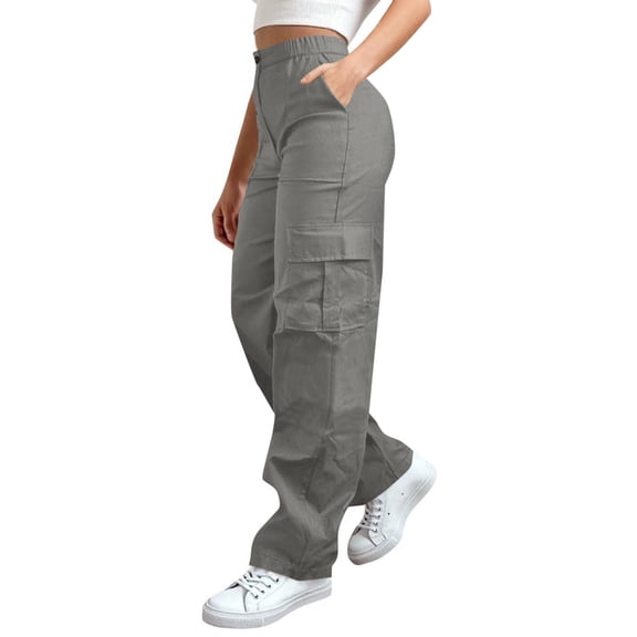 QSAWXQZ Women's Cargo Pants Elastic Waist Wide Leg Gray M