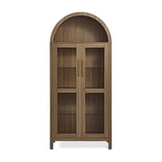 GZXS 71 Tall Arched Cabinet with LED Light Strip, Kitchen Pantry Storage Cabinet with Glass Doors & Adjustable Shelves, Modern 5-Tier Display Bookcase for Living Room, Dining Room, Brown