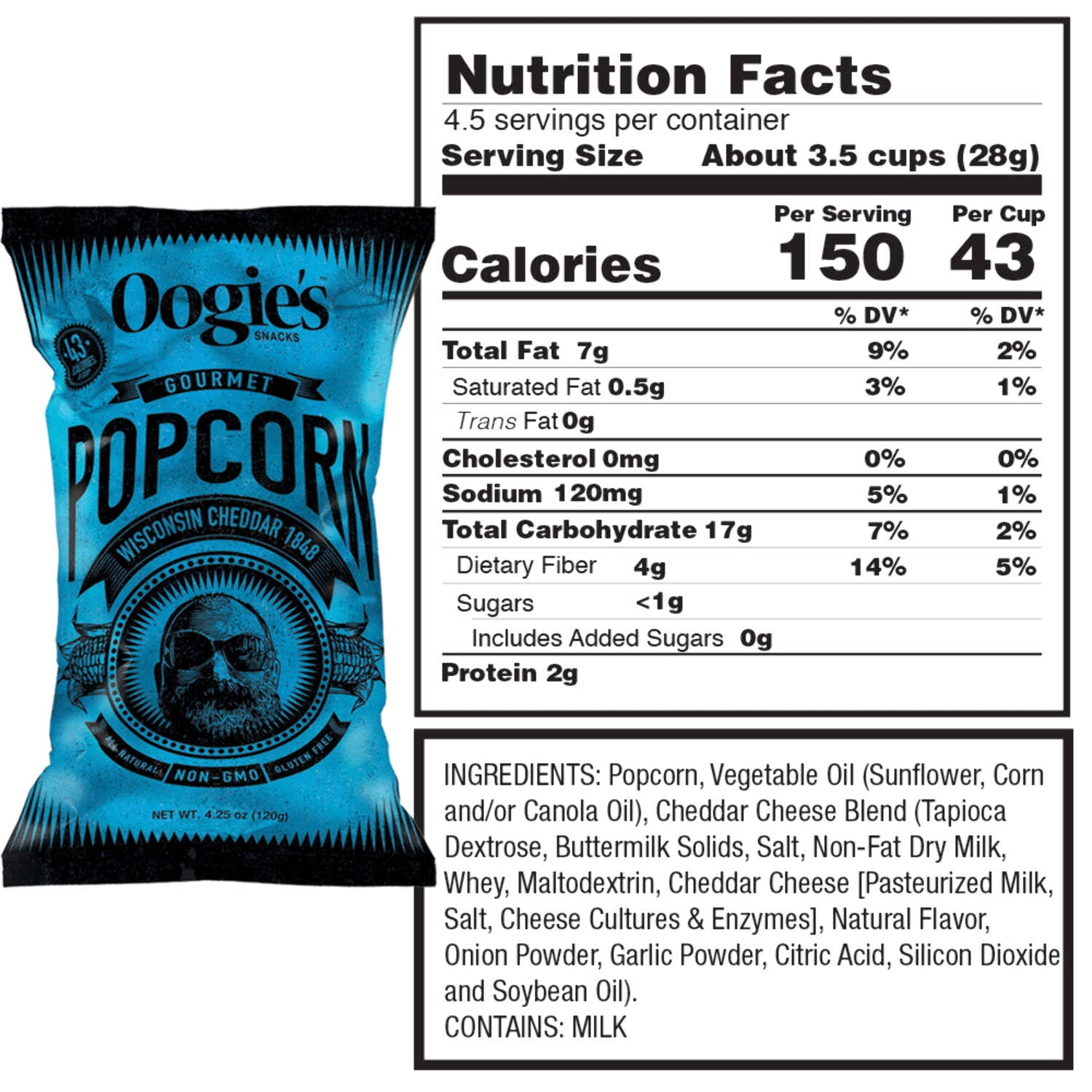 Oogie’s Snacks Gluten-Free Wisconsin Cheddar 1848 Popcorn, 4.25 oz Big Bags (4 Count)