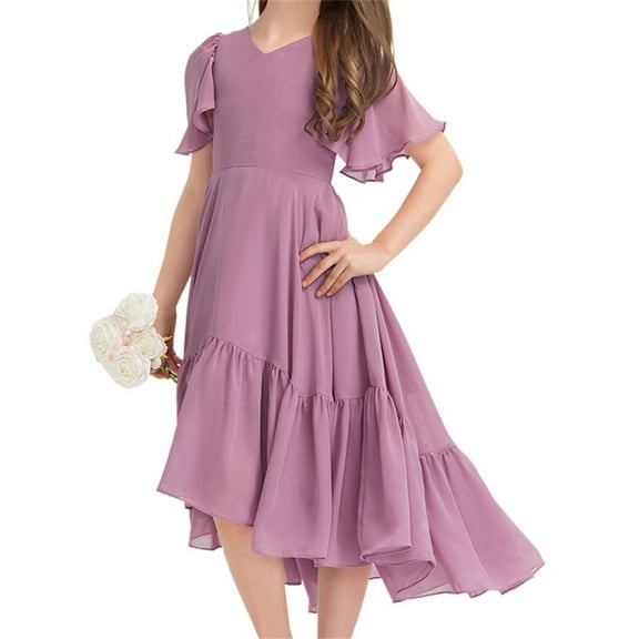 Kids Girls Solid Color Ruffle Dress Short Sleeved Irregular Party Dress