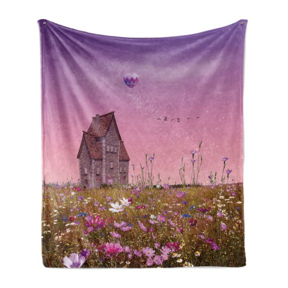 Meadow Soft Flannel Fleece Blanket, Dreamy Spring Field with Colorful Flowers with Big Old House and Air Balloon, Cozy Plush for Indoor and Outdoor Use, 70" x 90", Violet Pale Pink, by Ambesonne