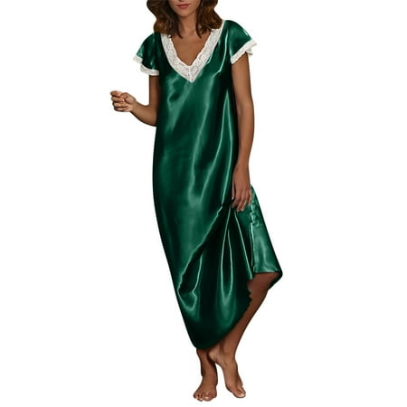 Moxiu Long Nightgowns for Women Soft Silk Satin Sleepwear Short Sleeve Nightshirt Full Length Lace V Neck Loungewear Dress 2025 Green XL
