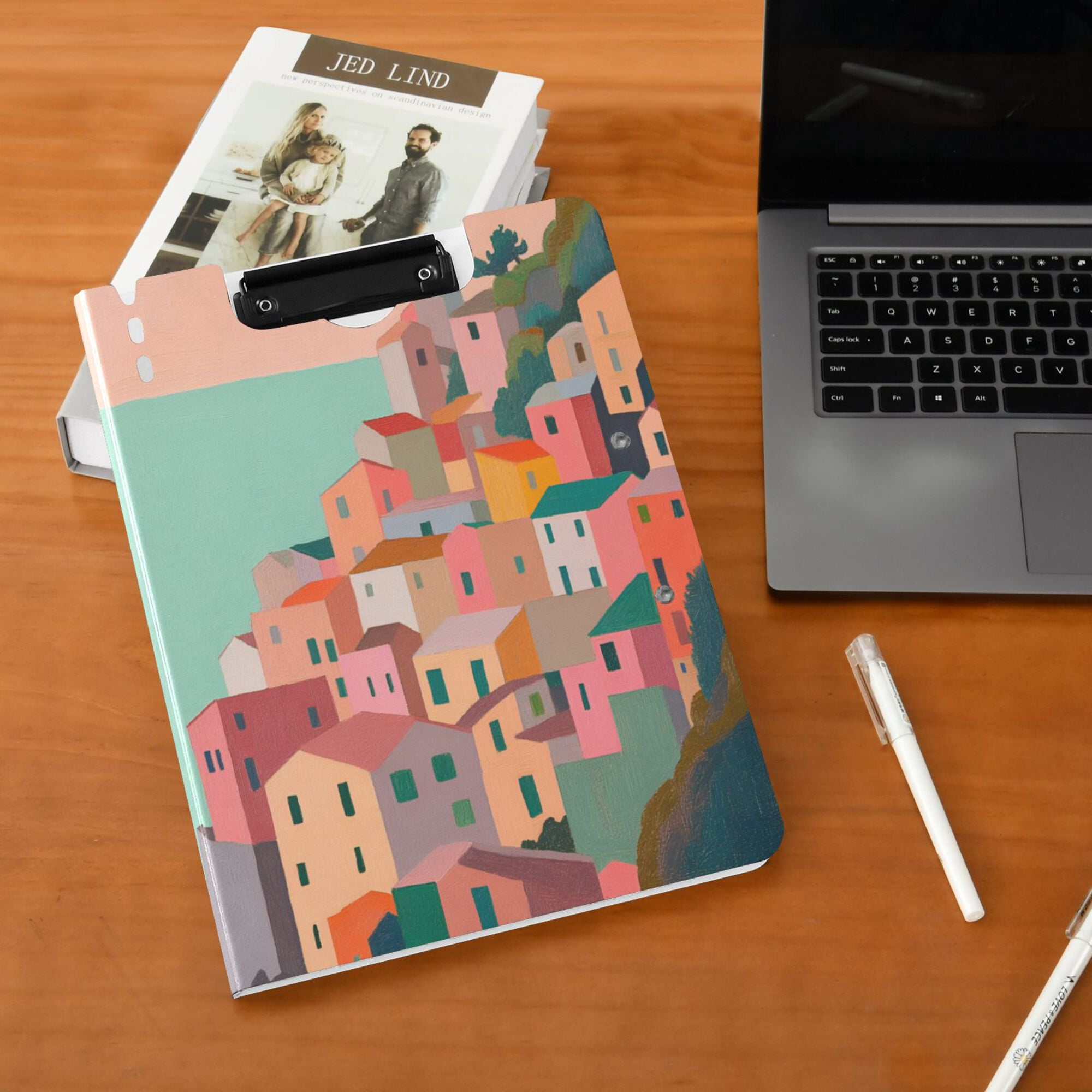 FORMRS A4 Clipboard Folder with Pen Holder Horizontal Foldable School Office Binder, Cityscape Painting