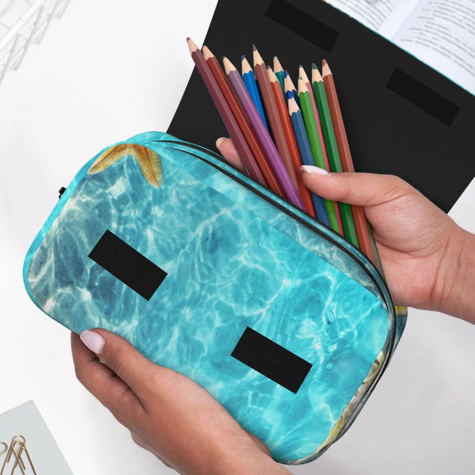 Rateoe Coral And Seashell On The Beach Pattern Double Clamshell Pen Case, Storage Organizer with Two Zipper Compartments– Holds Up to 50 Pencils & Pens